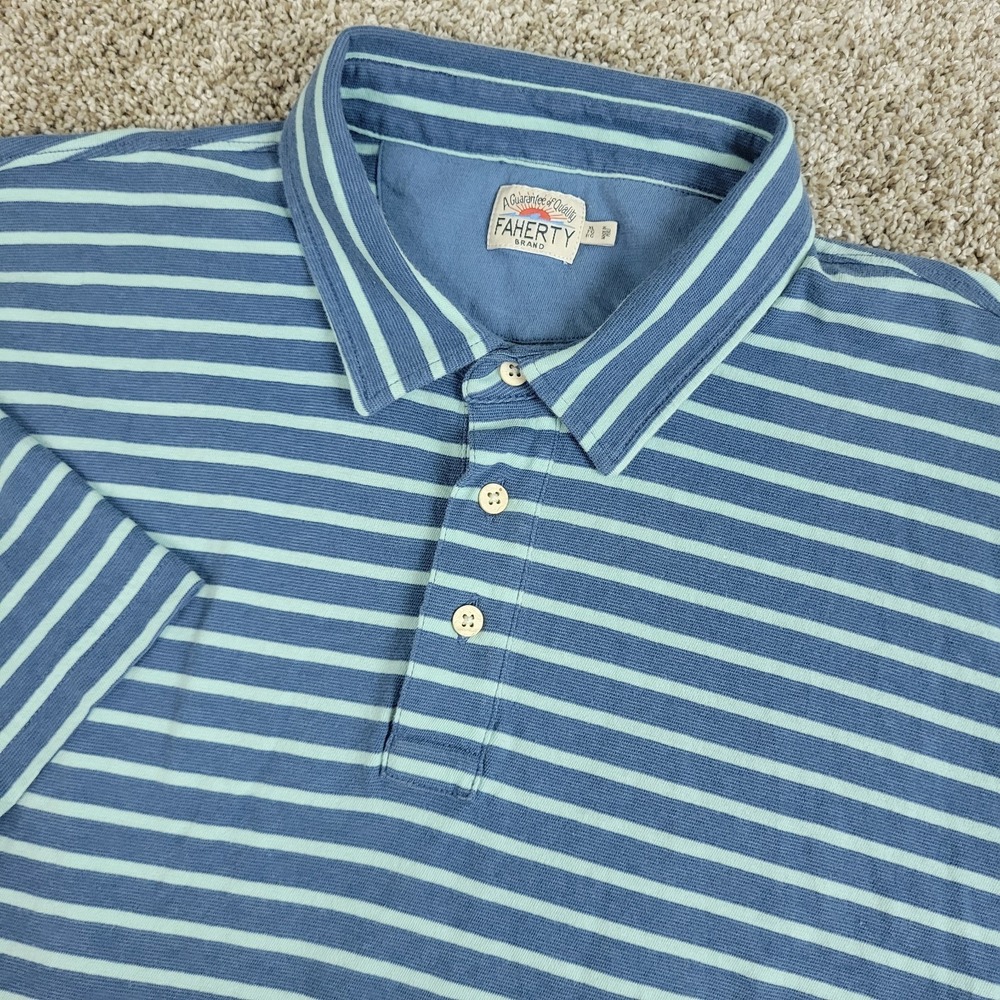Faherty Mens XL Blue Striped Performance Stretch Polo Short Sleeve